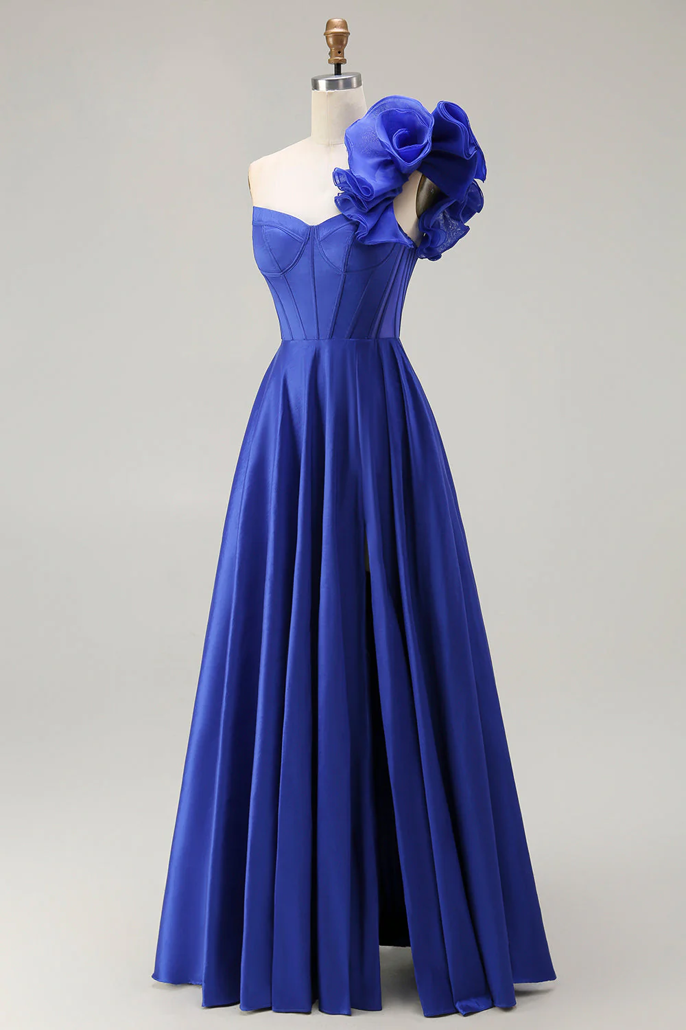 Royal Blue One Shoulder Corset A Line Satin Long Prom Dress with Slit - Image 3