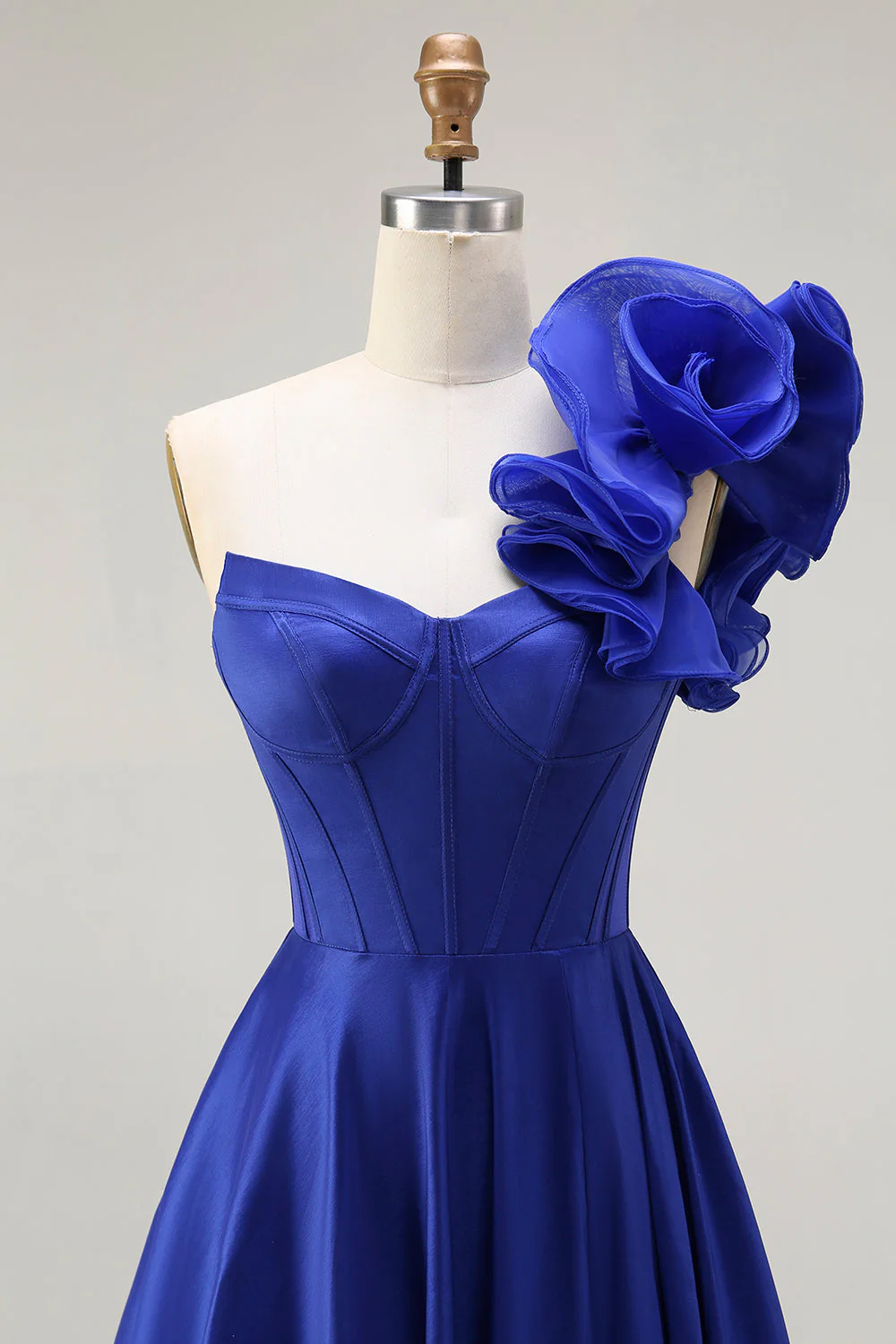 Royal Blue One Shoulder Corset A Line Satin Long Prom Dress with Slit - Image 4