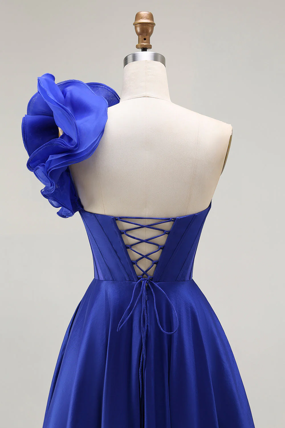 Royal Blue One Shoulder Corset A Line Satin Long Prom Dress with Slit - Image 5