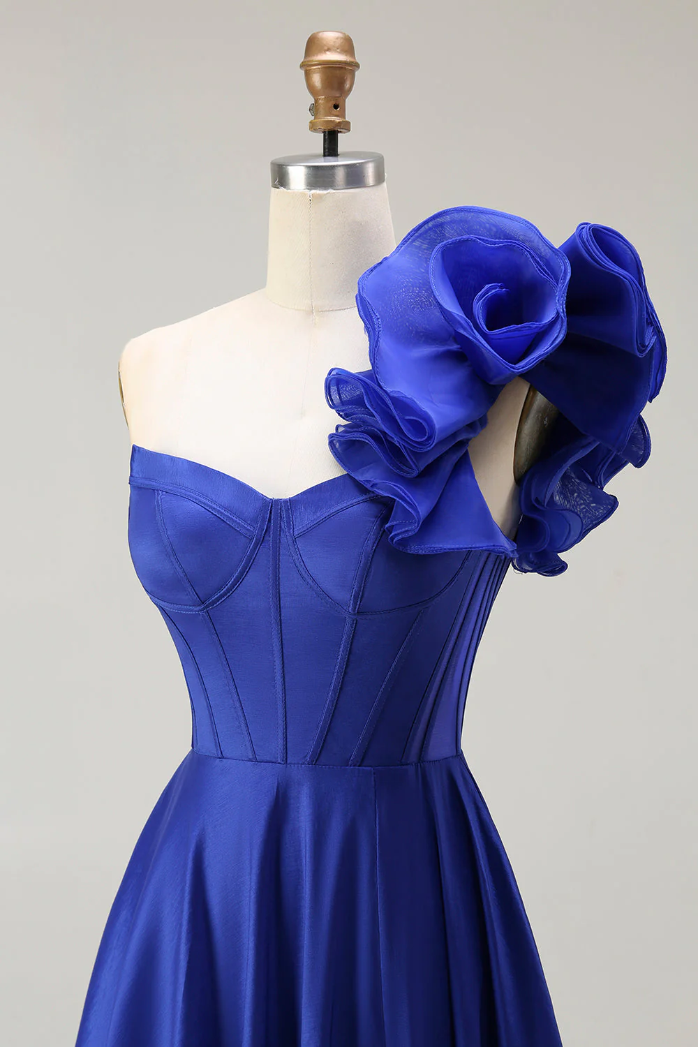 Royal Blue One Shoulder Corset A Line Satin Long Prom Dress with Slit - Image 6