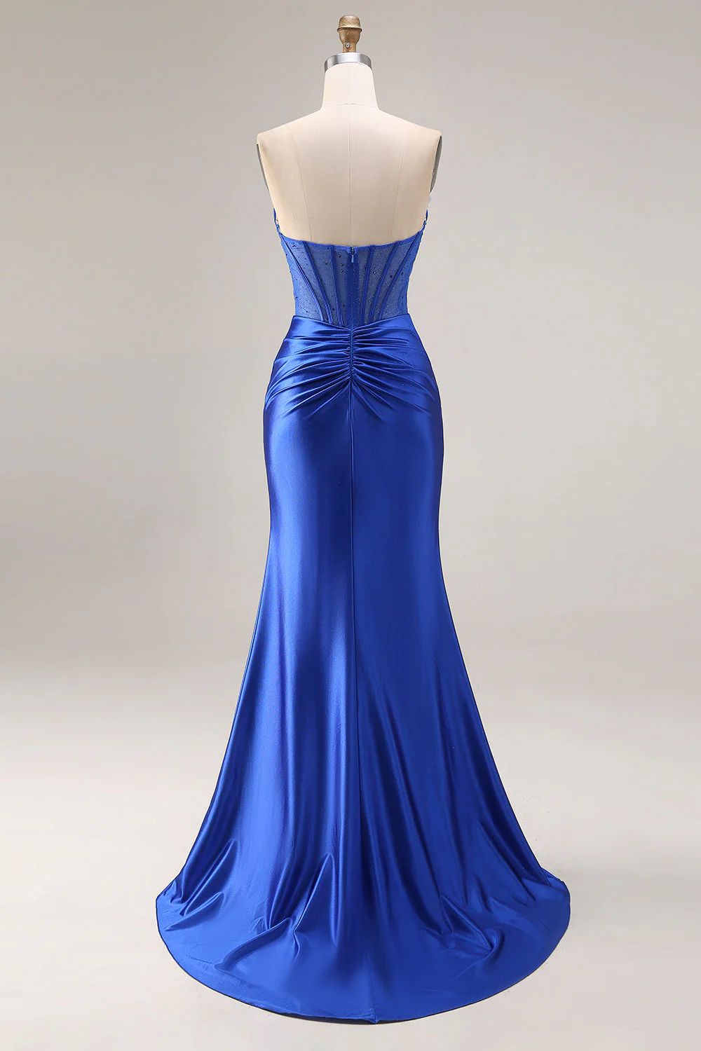 Strapless Royal Blue Corset Mermaid Satin Long Prom Dress with Slit - Image 2