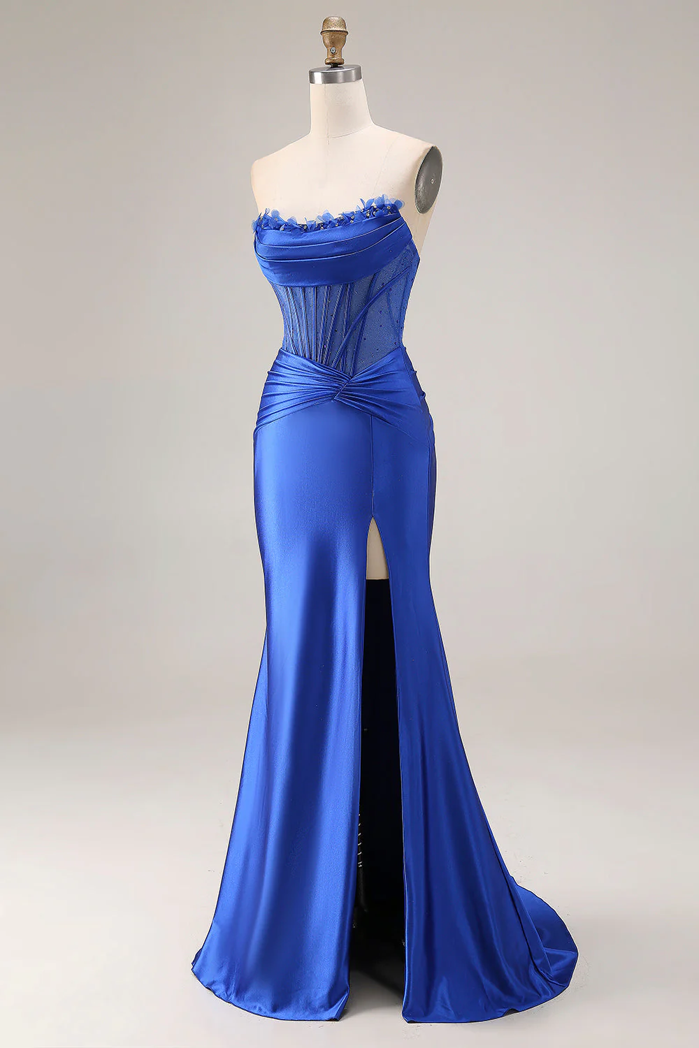 Strapless Royal Blue Corset Mermaid Satin Long Prom Dress with Slit - Image 3