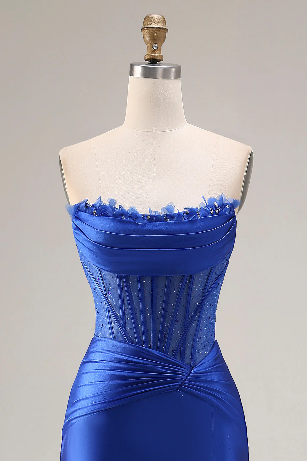 Strapless Royal Blue Corset Mermaid Satin Long Prom Dress with Slit - Image 4