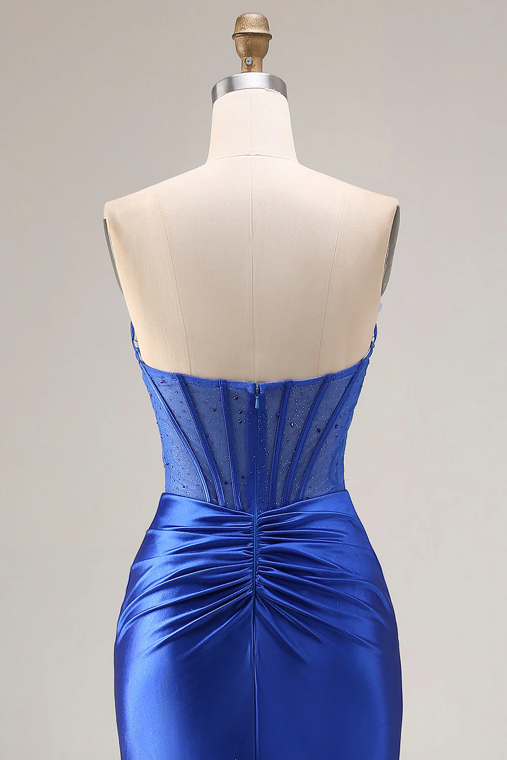 Strapless Royal Blue Corset Mermaid Satin Long Prom Dress with Slit - Image 5