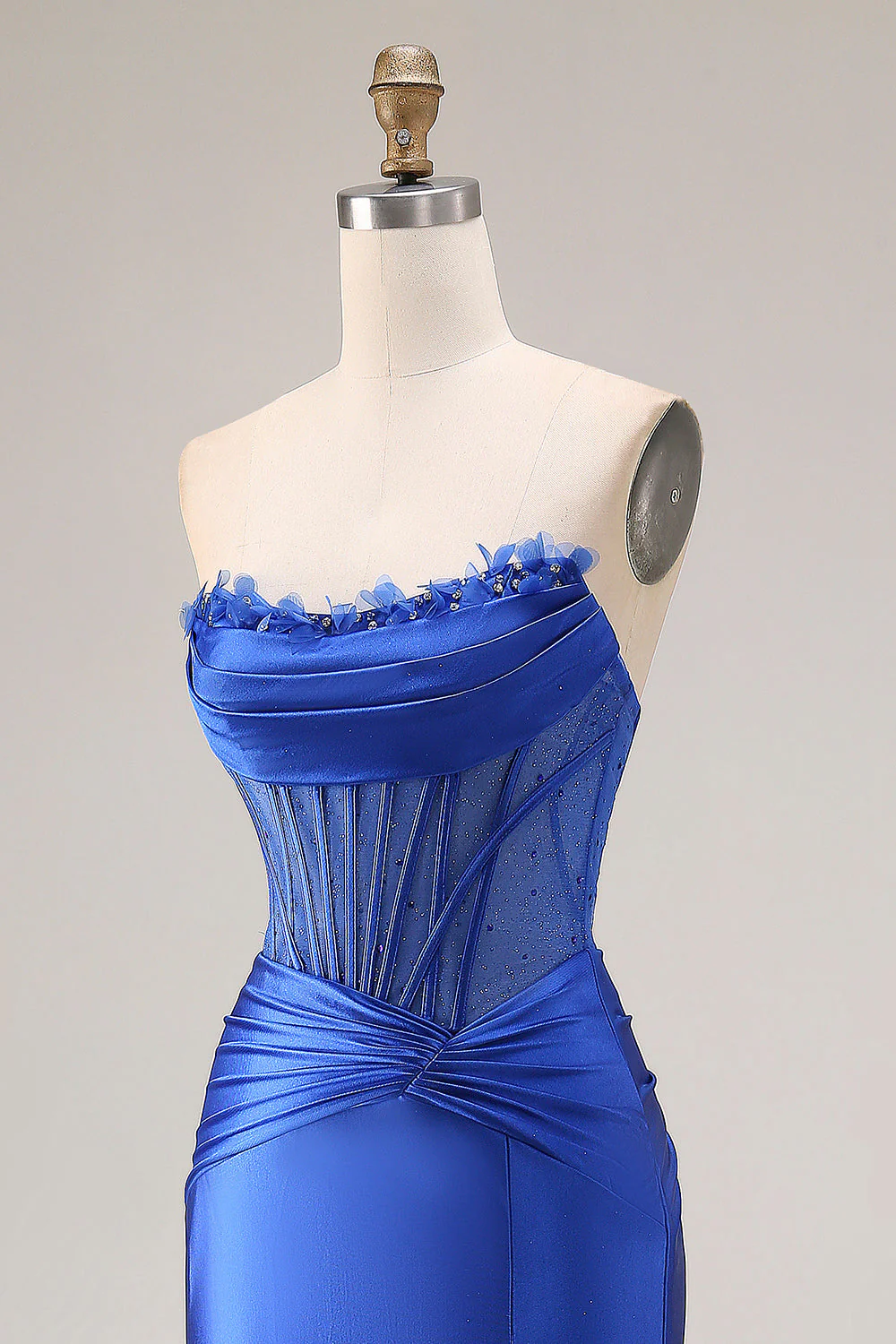Strapless Royal Blue Corset Mermaid Satin Long Prom Dress with Slit - Image 6