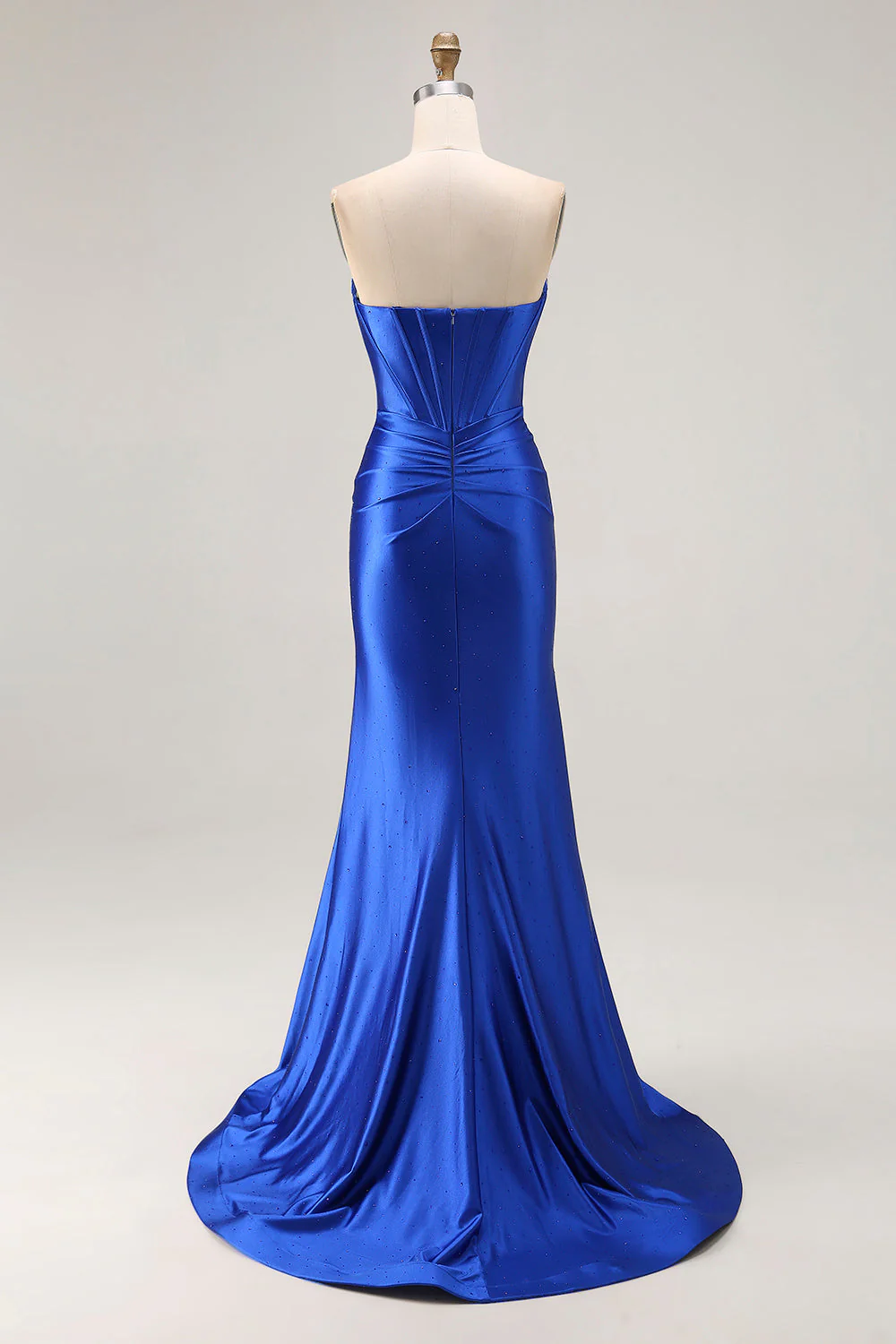 Royal Blue Strapless Beaded Corset Mermaid Pleated Long Prom Dress with Slit - Image 2