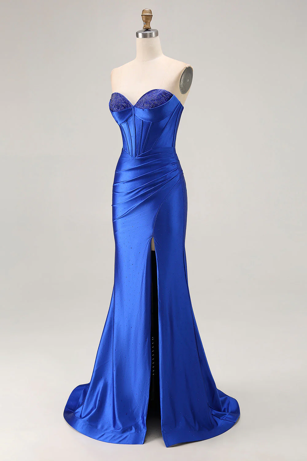 Royal Blue Strapless Beaded Corset Mermaid Pleated Long Prom Dress with Slit - Image 3