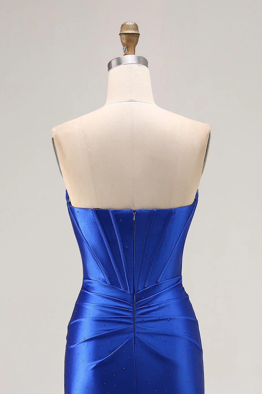 Royal Blue Strapless Beaded Corset Mermaid Pleated Long Prom Dress with Slit - Image 5