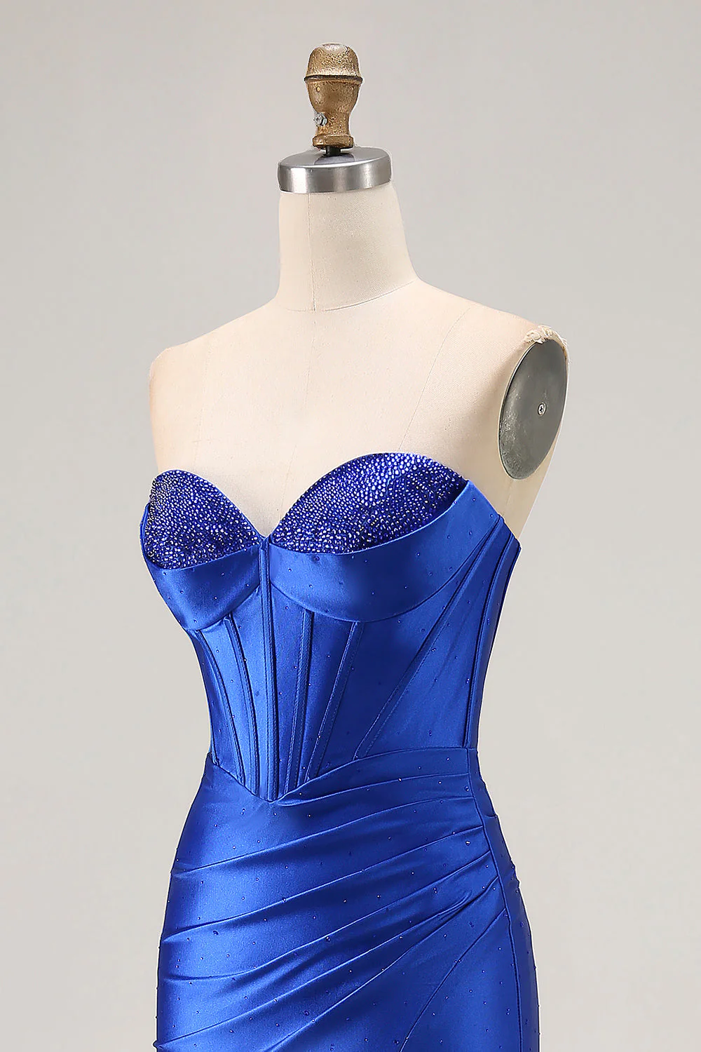 Royal Blue Strapless Beaded Corset Mermaid Pleated Long Prom Dress with Slit - Image 6