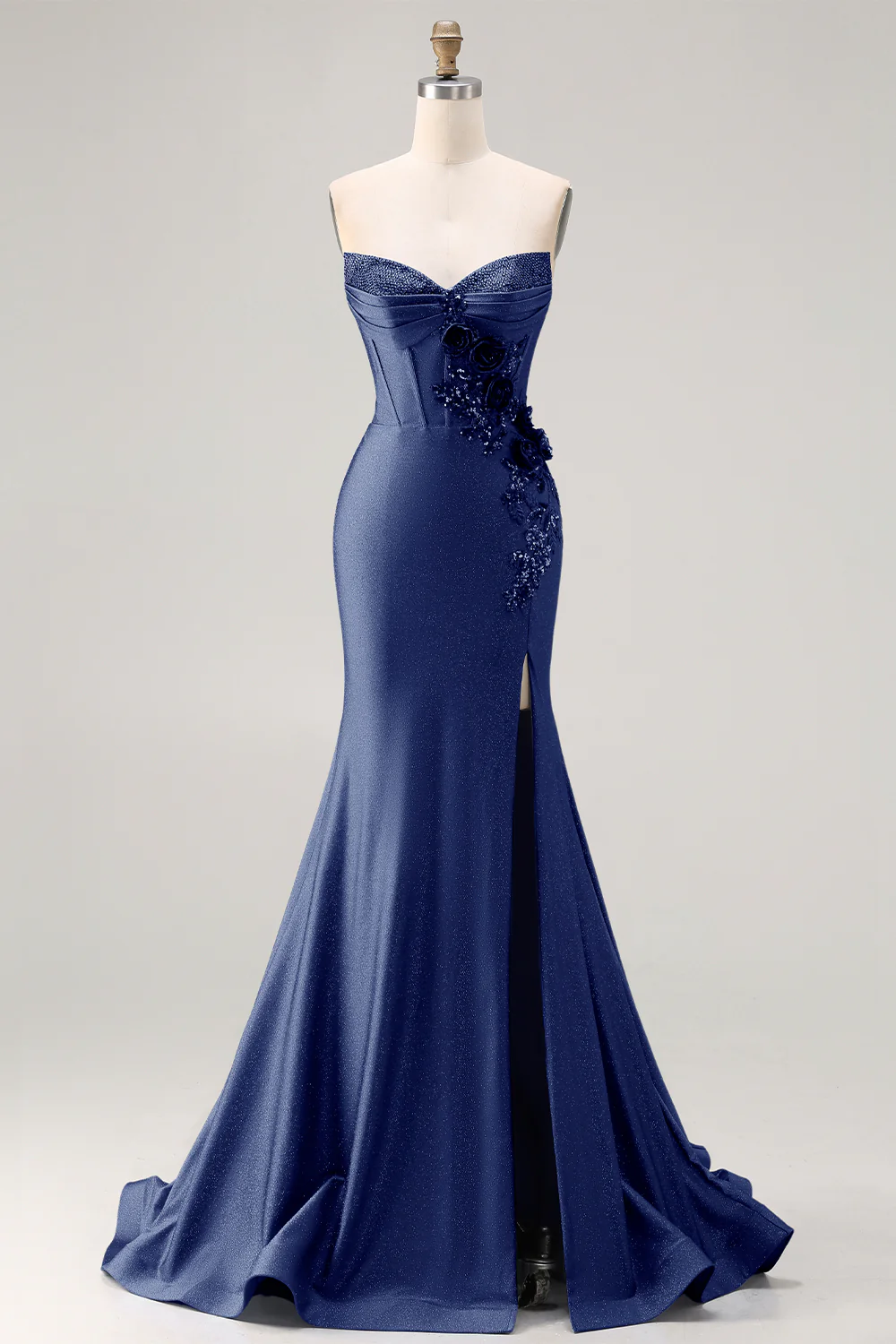 Royal Blue Strapless Mermaid 3D Flowers Beaded Long Prom Dress with Slit - Image 13
