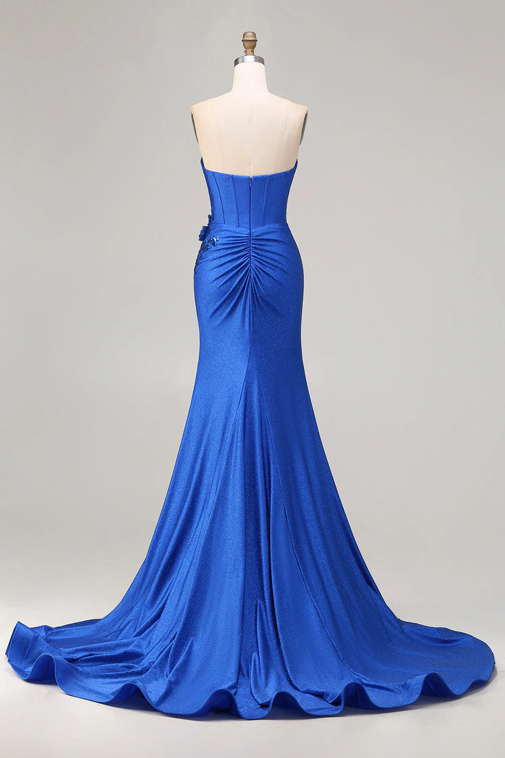 Royal Blue Strapless Mermaid 3D Flowers Beaded Long Prom Dress with Slit - Image 2