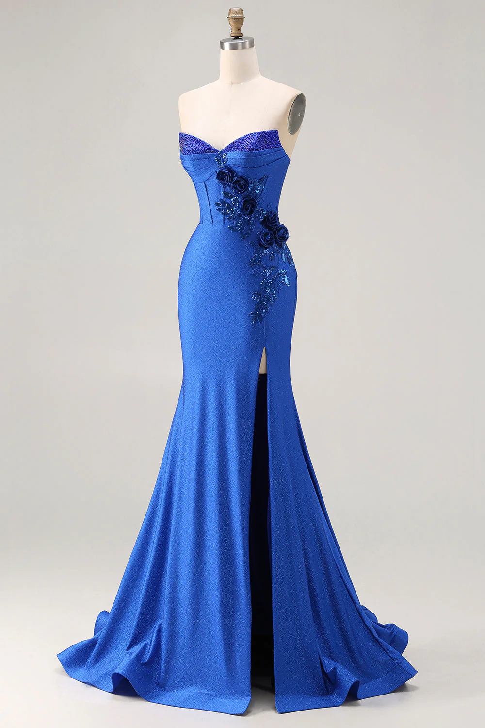 Royal Blue Strapless Mermaid 3D Flowers Beaded Long Prom Dress with Slit - Image 3