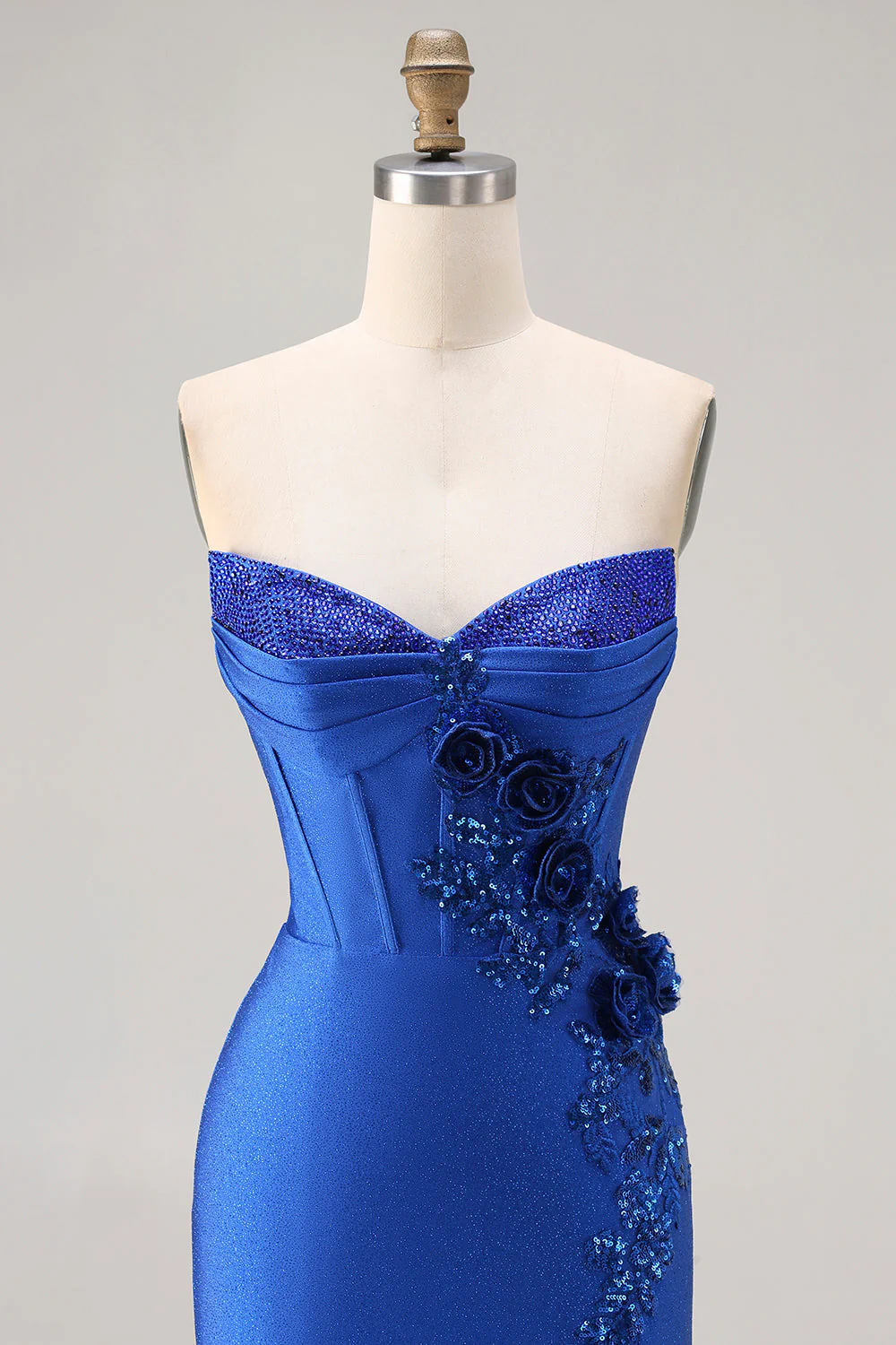Royal Blue Strapless Mermaid 3D Flowers Beaded Long Prom Dress with Slit - Image 4