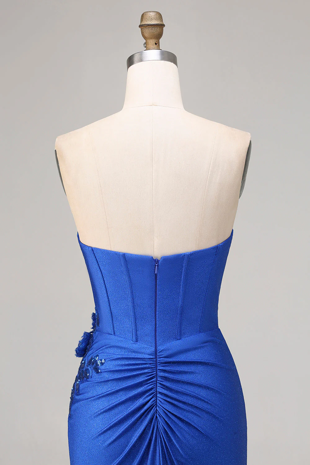Royal Blue Strapless Mermaid 3D Flowers Beaded Long Prom Dress with Slit - Image 5