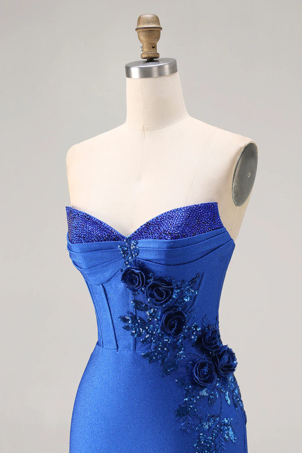 Royal Blue Strapless Mermaid 3D Flowers Beaded Long Prom Dress with Slit - Image 6