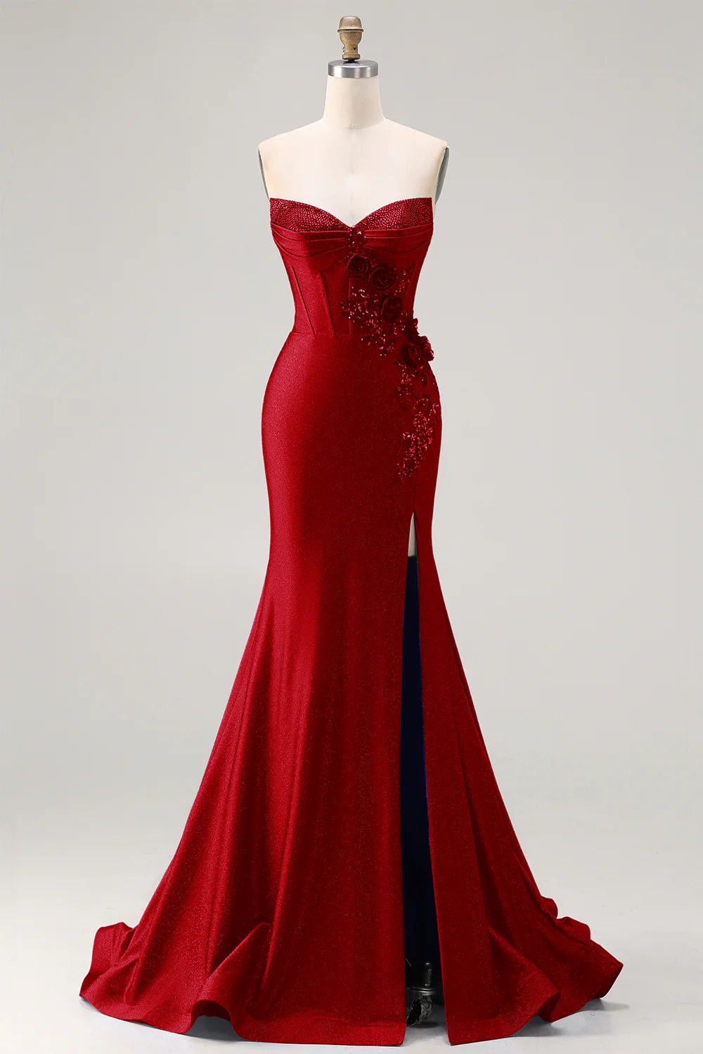 Royal Blue Strapless Mermaid 3D Flowers Beaded Long Prom Dress with Slit - Image 7
