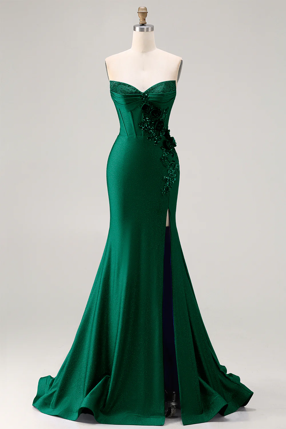 Royal Blue Strapless Mermaid 3D Flowers Beaded Long Prom Dress with Slit - Image 9