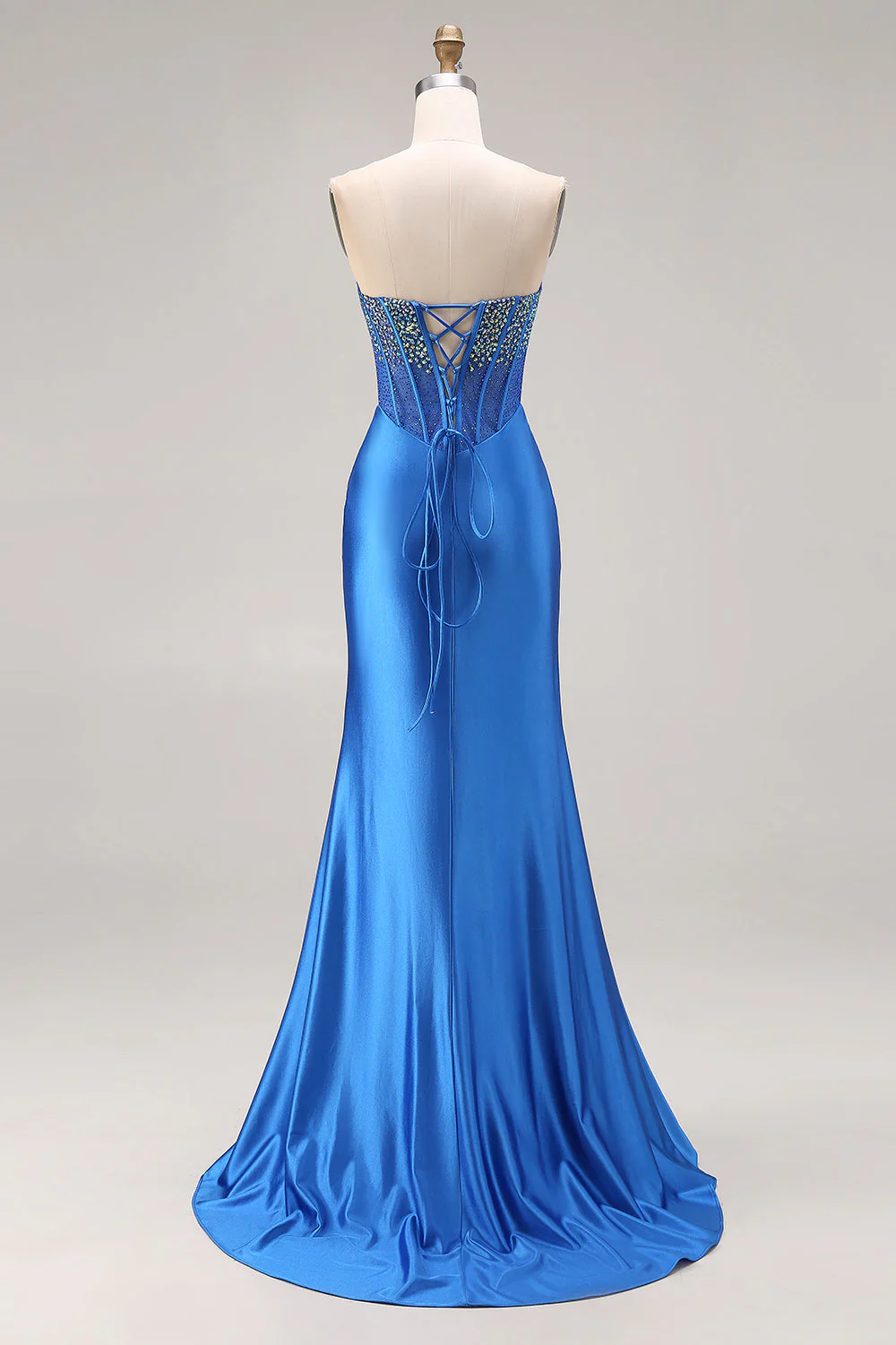 Royal Blue Strapless Mermaid Beaded Corset Long Prom Dress with Slit - Image 2