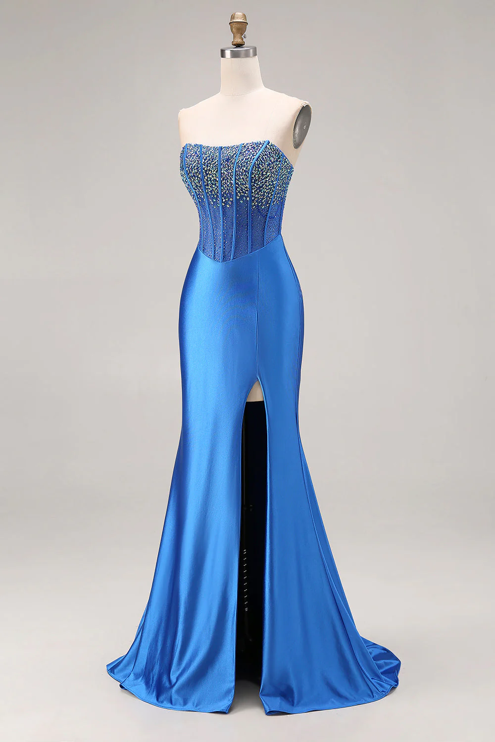 Royal Blue Strapless Mermaid Beaded Corset Long Prom Dress with Slit - Image 3
