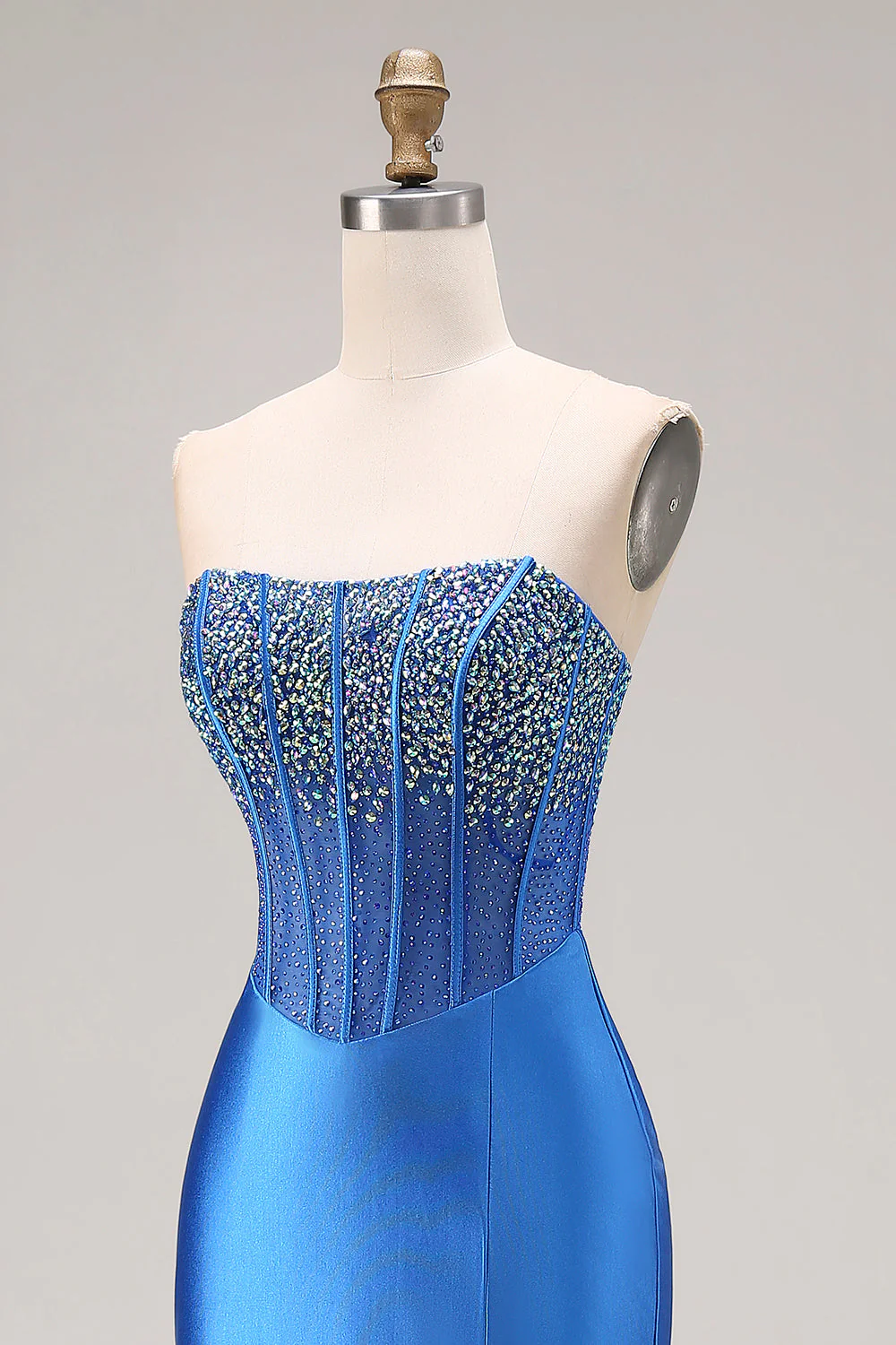 Royal Blue Strapless Mermaid Beaded Corset Long Prom Dress with Slit - Image 4
