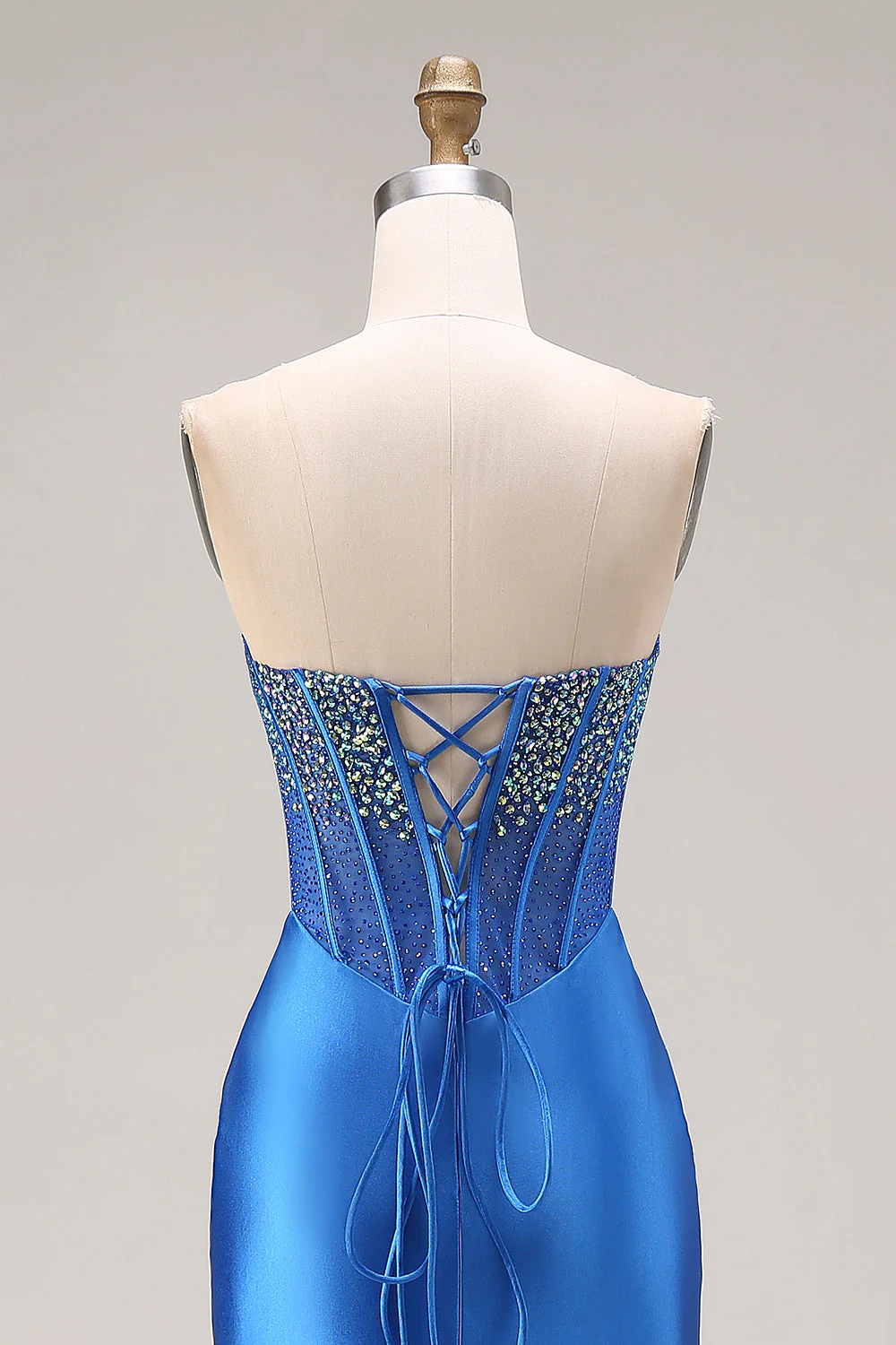 Royal Blue Strapless Mermaid Beaded Corset Long Prom Dress with Slit - Image 5