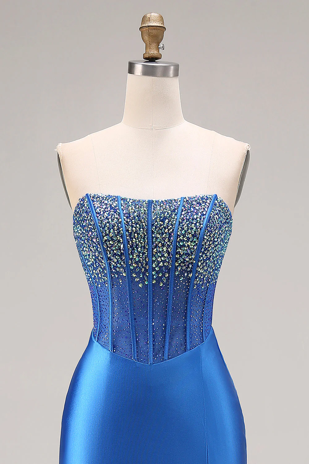Royal Blue Strapless Mermaid Beaded Corset Long Prom Dress with Slit - Image 6