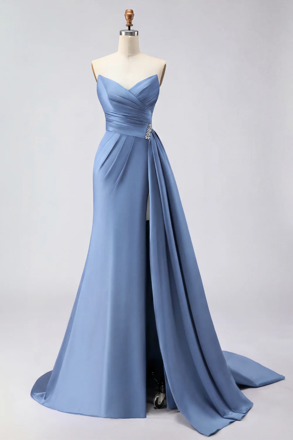 Royal Blue Strapless Mermaid Beaded Long Satin Prom Dress with Slit - Image 17