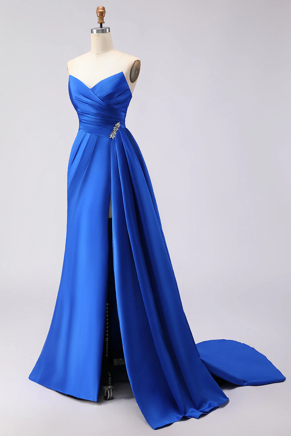 Royal Blue Strapless Mermaid Beaded Long Satin Prom Dress with Slit - Image 3