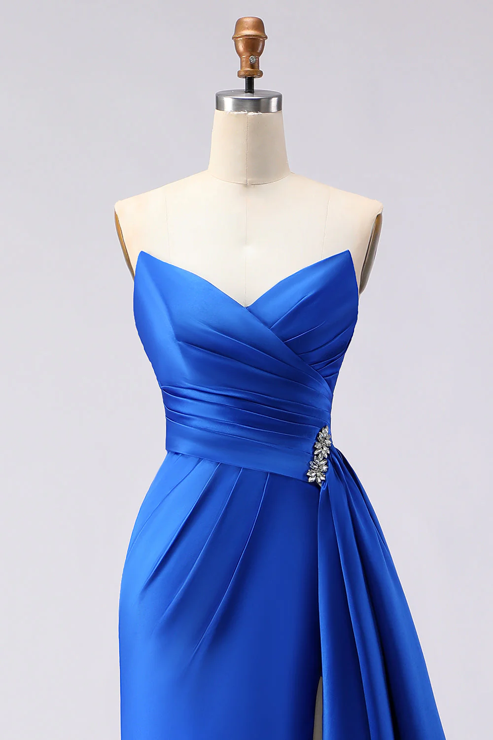 Royal Blue Strapless Mermaid Beaded Long Satin Prom Dress with Slit - Image 4