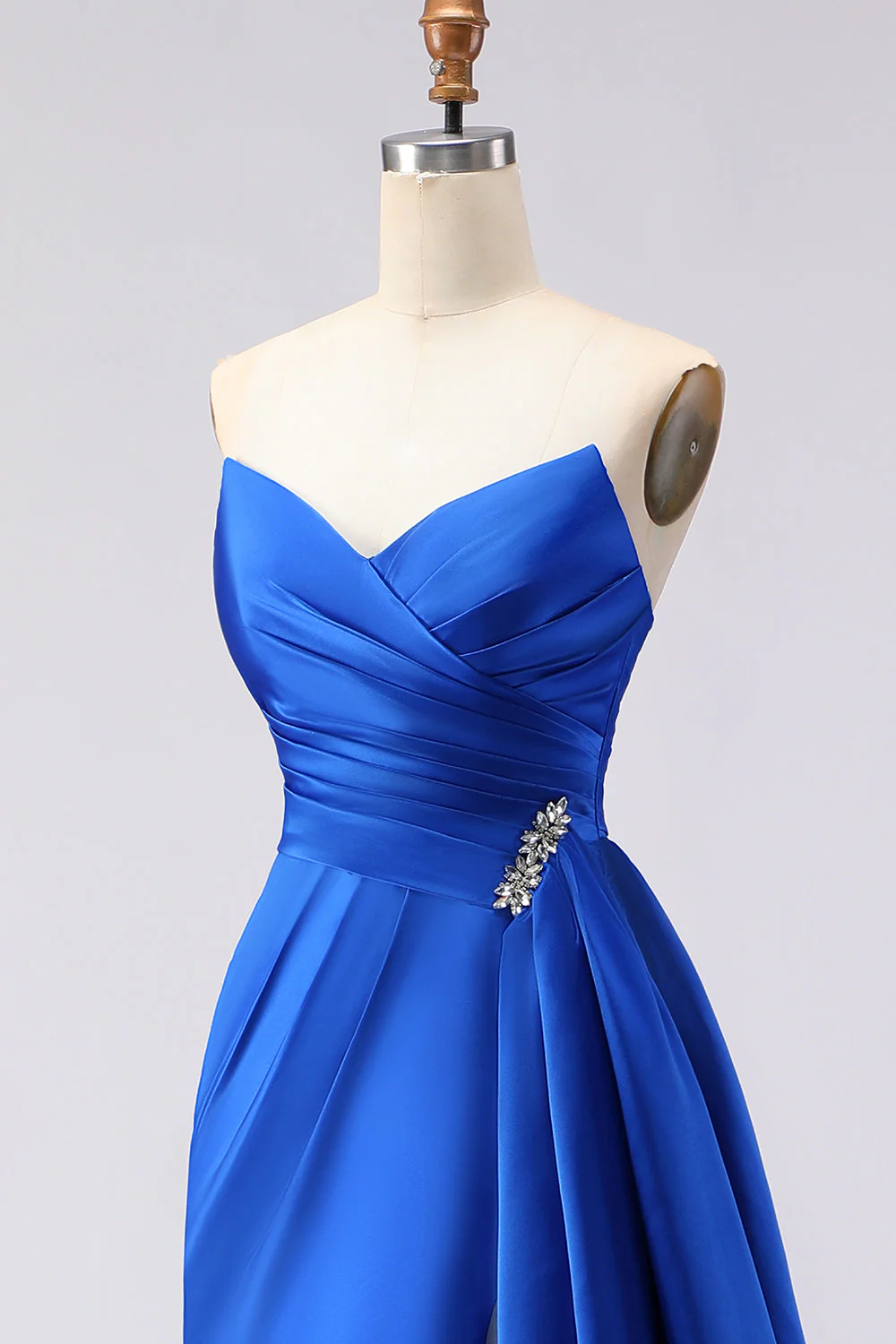 Royal Blue Strapless Mermaid Beaded Long Satin Prom Dress with Slit - Image 6