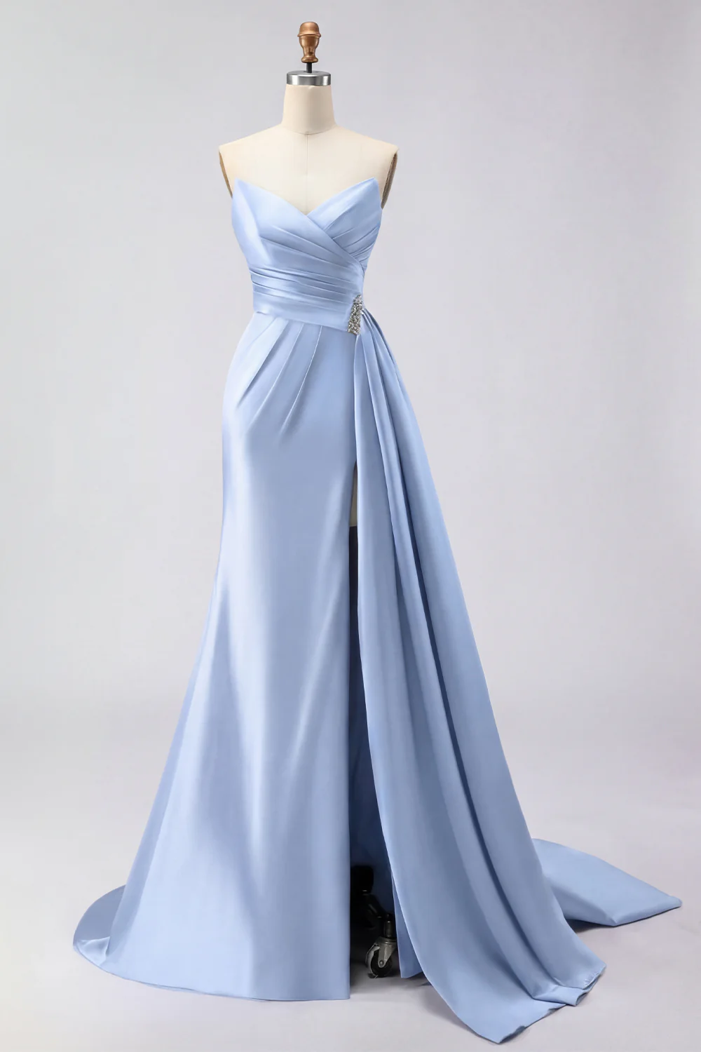 Royal Blue Strapless Mermaid Beaded Long Satin Prom Dress with Slit - Image 7