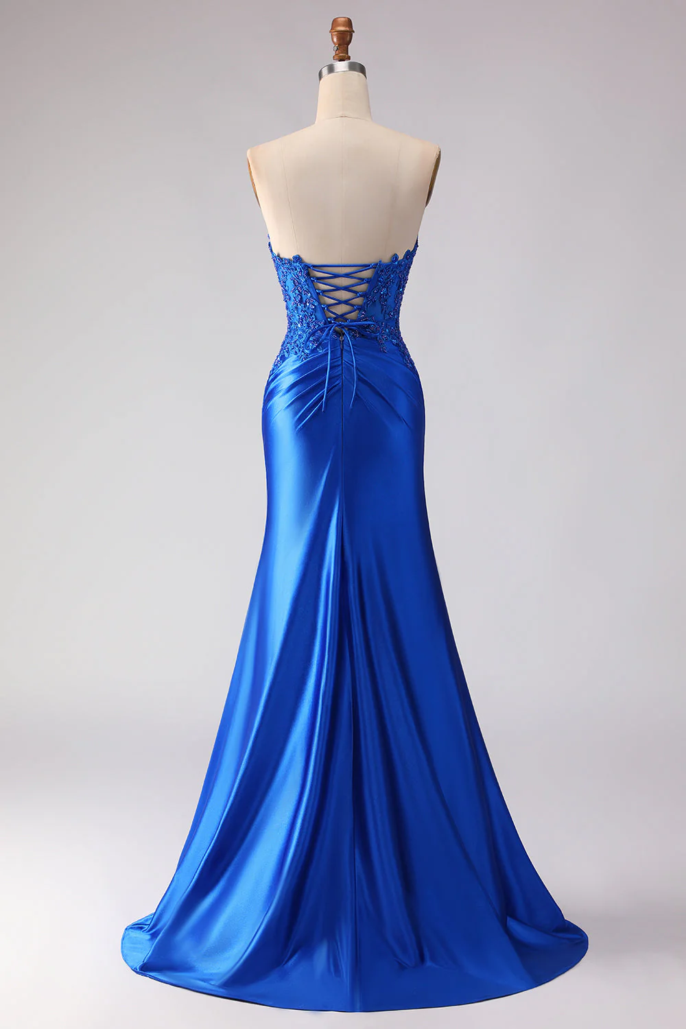 Royal Blue Strapless Mermaid Beaded Satin Long Prom Dress with Slit - Image 2