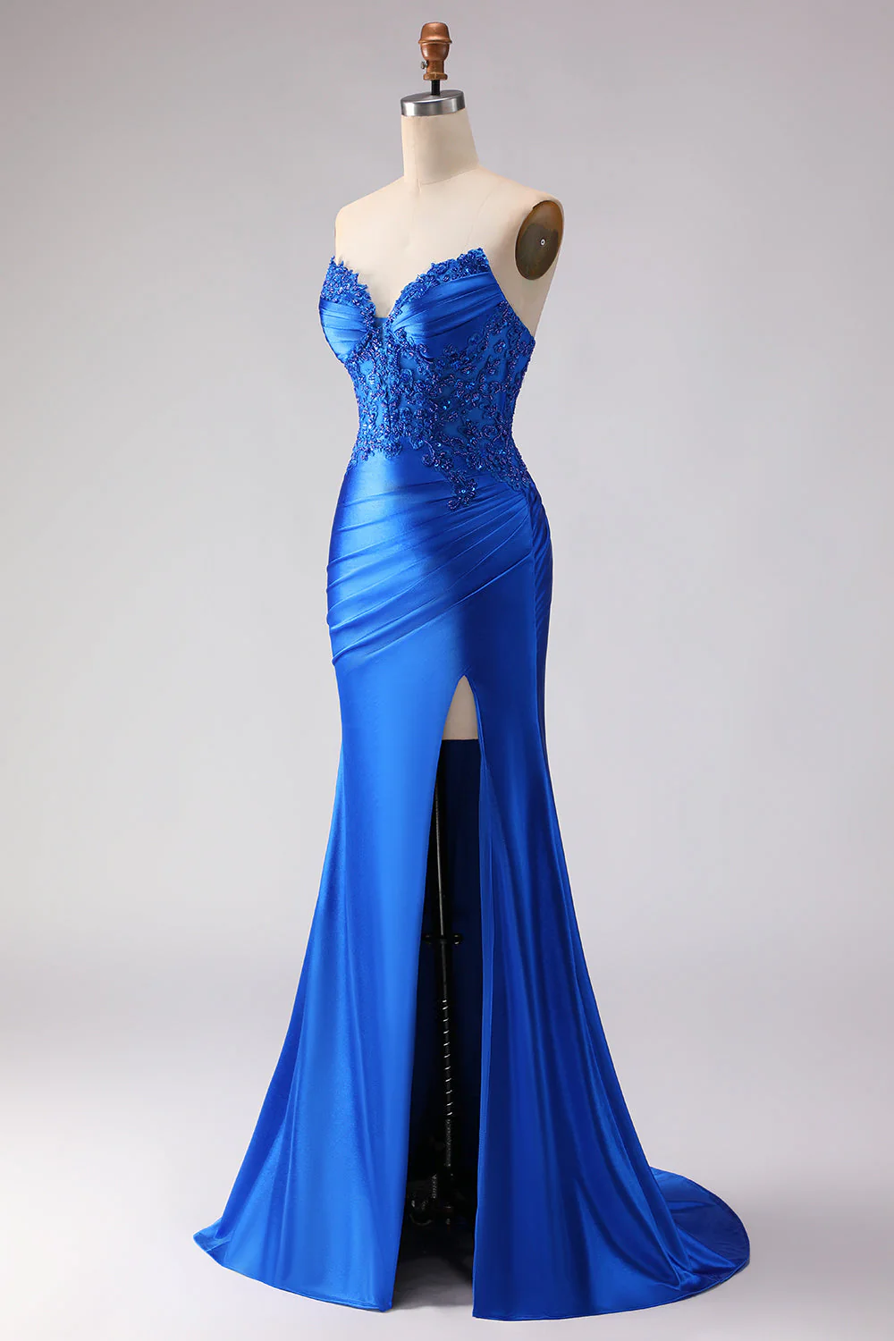 Royal Blue Strapless Mermaid Beaded Satin Long Prom Dress with Slit - Image 3
