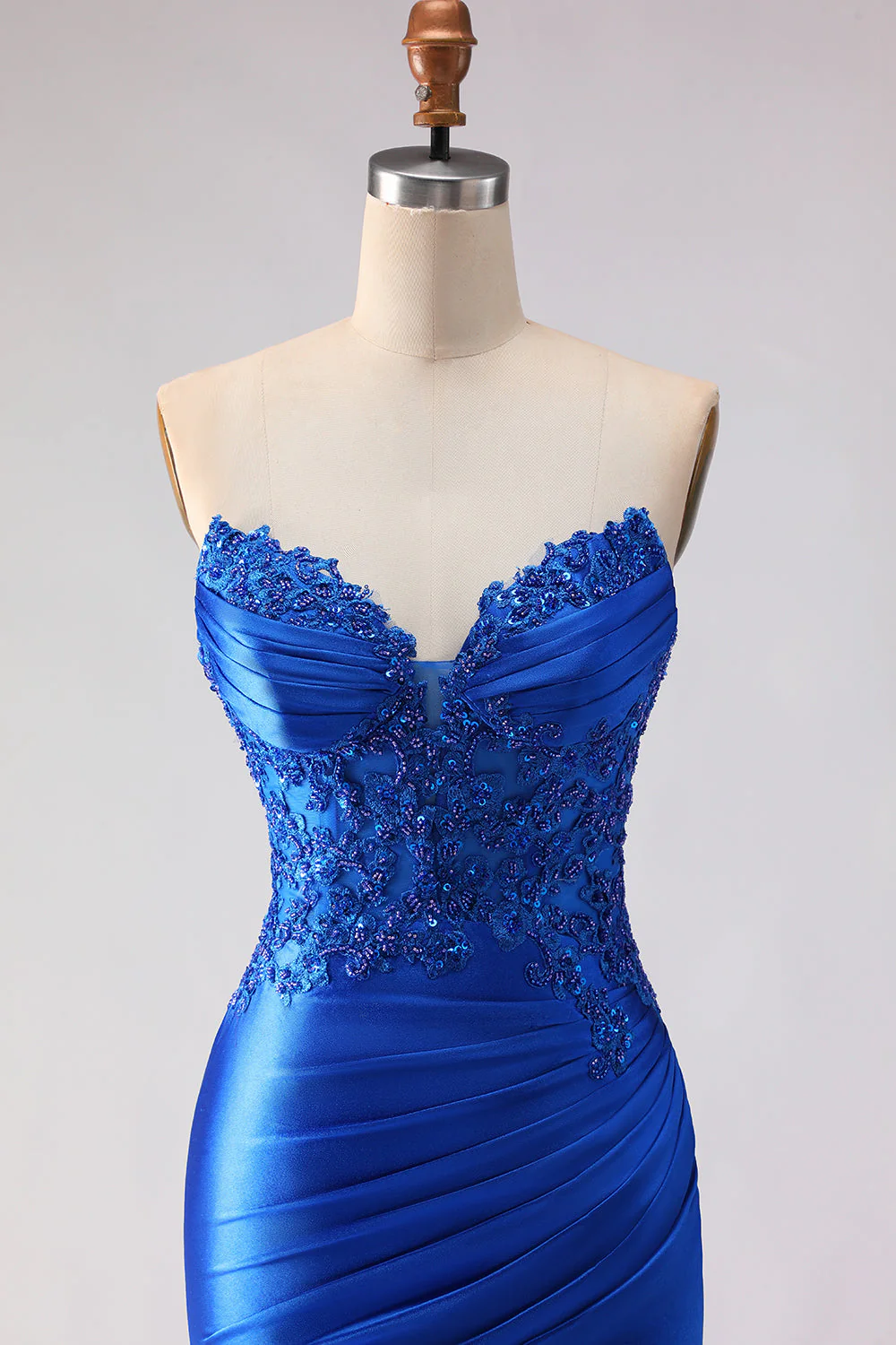 Royal Blue Strapless Mermaid Beaded Satin Long Prom Dress with Slit - Image 4