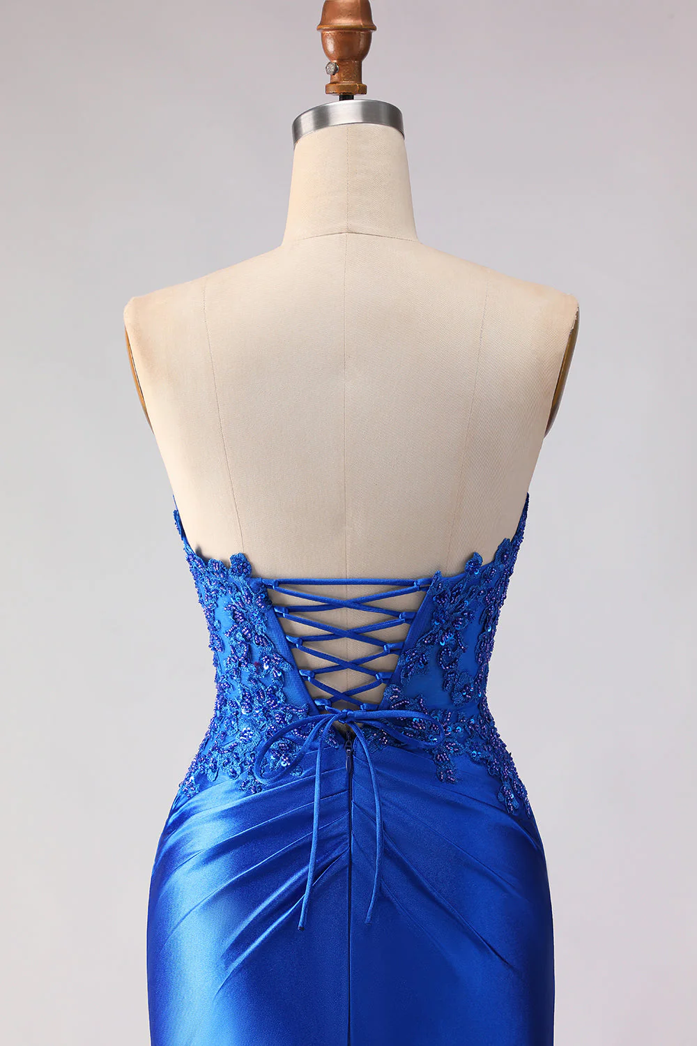 Royal Blue Strapless Mermaid Beaded Satin Long Prom Dress with Slit - Image 5