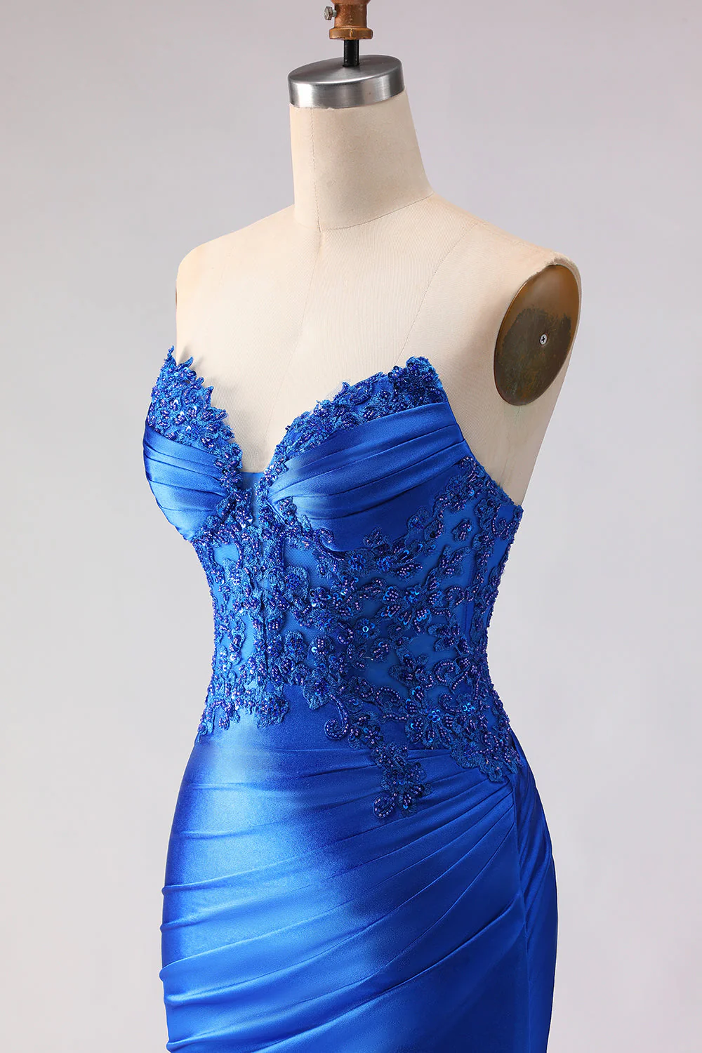 Royal Blue Strapless Mermaid Beaded Satin Long Prom Dress with Slit - Image 6