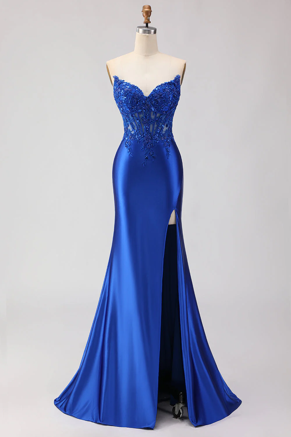 Red Mermaid Strapless Appliqued Corset Beaded Long Prom Dress with Slit - Image 7