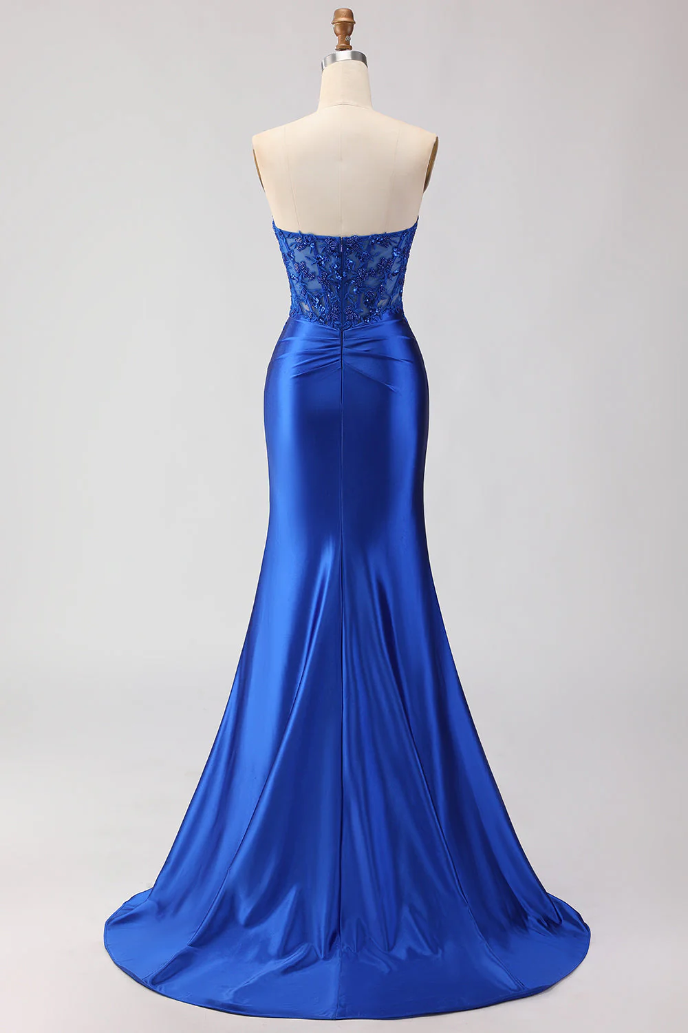 Red Mermaid Strapless Appliqued Corset Beaded Long Prom Dress with Slit - Image 8