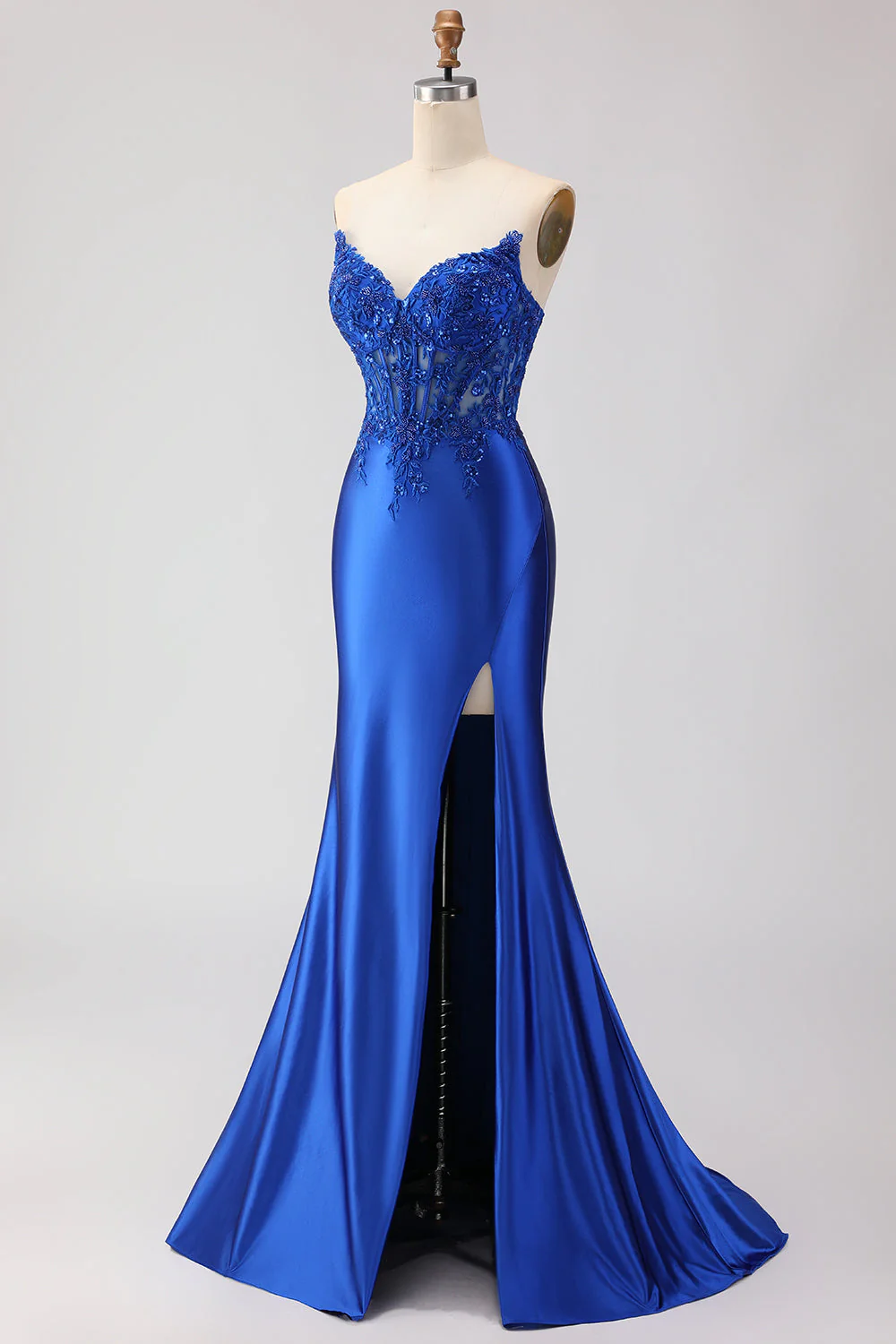 Red Mermaid Strapless Appliqued Corset Beaded Long Prom Dress with Slit - Image 9