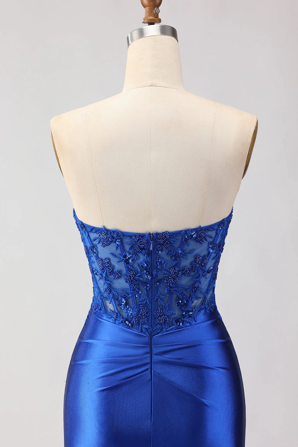 Red Mermaid Strapless Appliqued Corset Beaded Long Prom Dress with Slit - Image 11