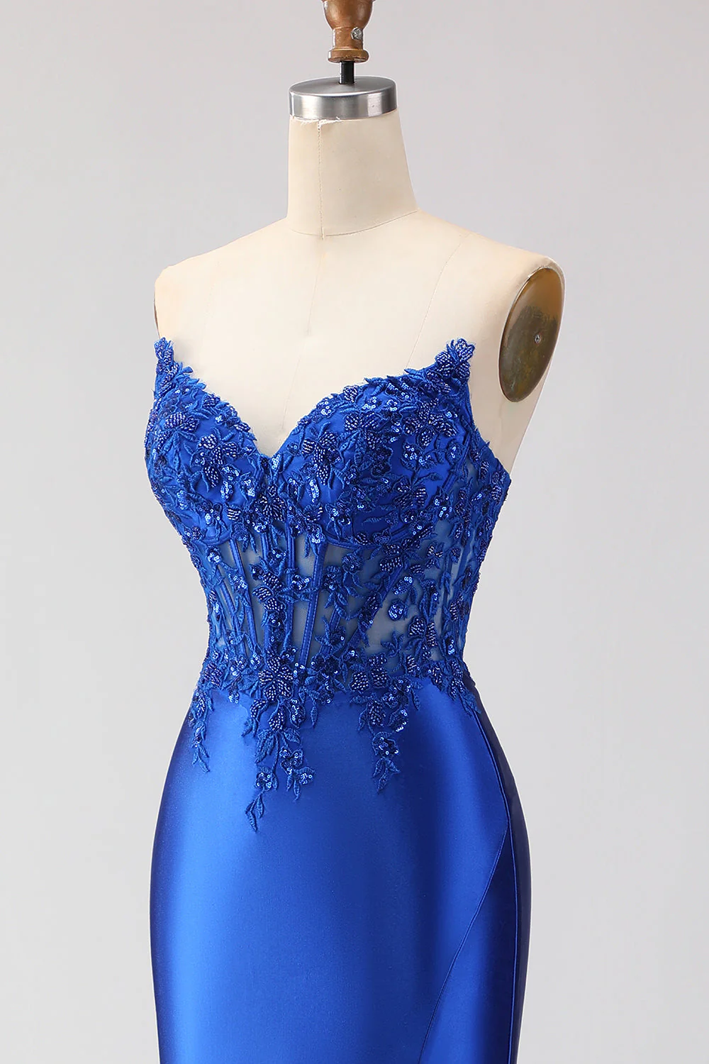 Red Mermaid Strapless Appliqued Corset Beaded Long Prom Dress with Slit - Image 12