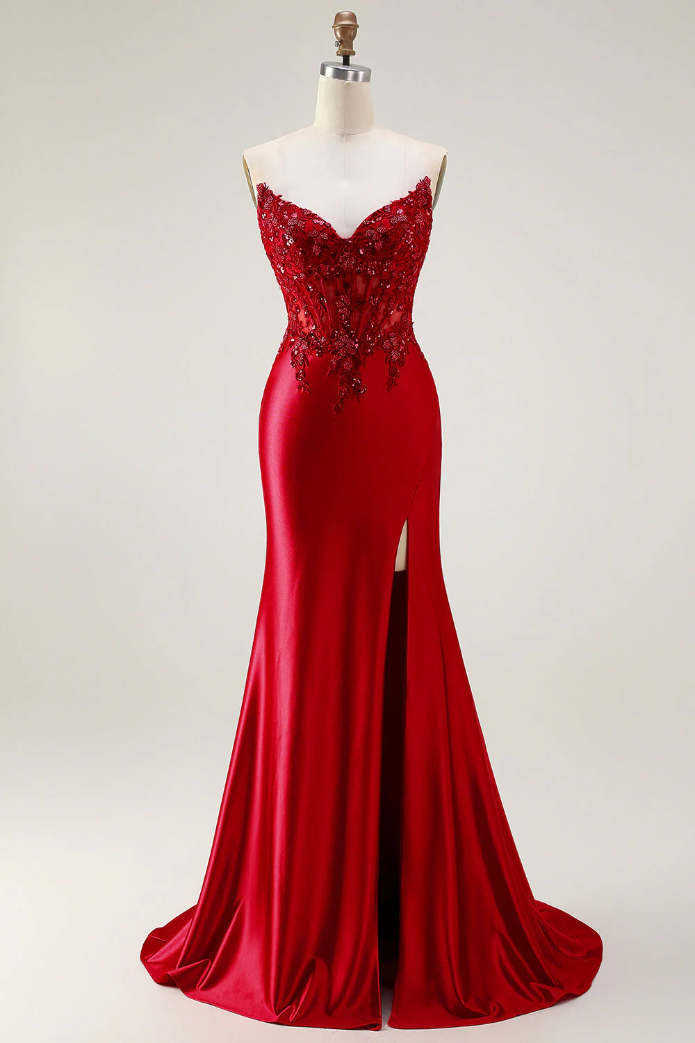 Royal Blue Strapless Mermaid Satin Corset Beaded Long Prom Dress with Slit - Image 9