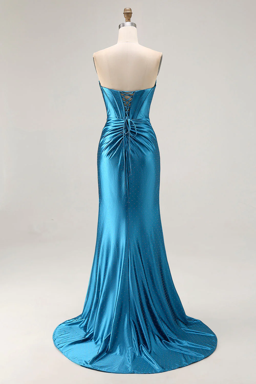 Royal Blue Strapless Ruched Corset Mermaid Beaded Long Prom Dress With Slit - Image 2