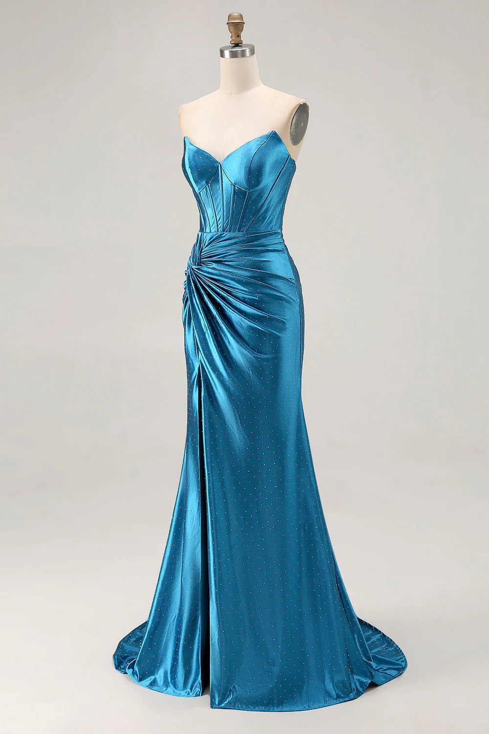 Royal Blue Strapless Ruched Corset Mermaid Beaded Long Prom Dress With Slit - Image 3