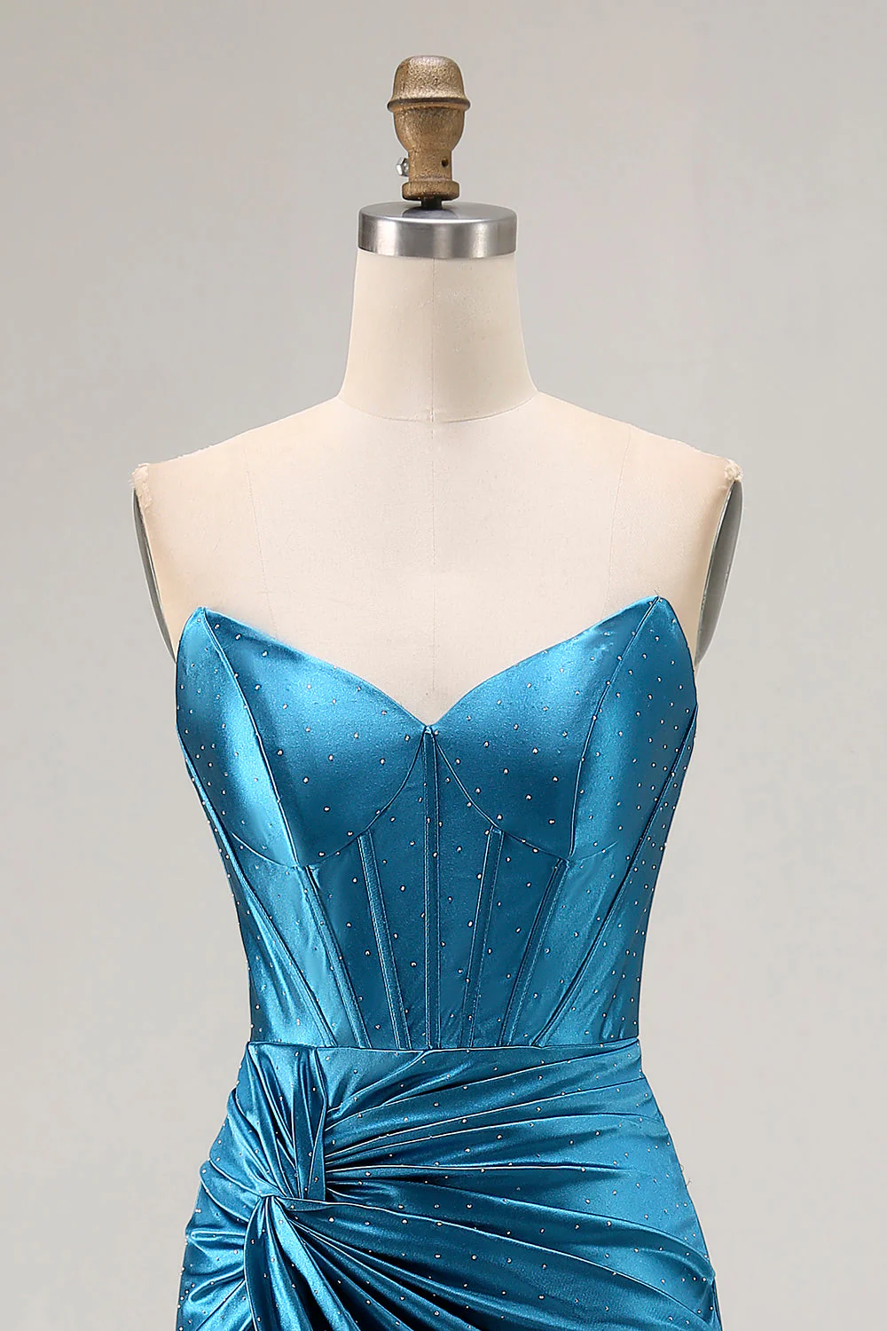 Royal Blue Strapless Ruched Corset Mermaid Beaded Long Prom Dress With Slit - Image 4