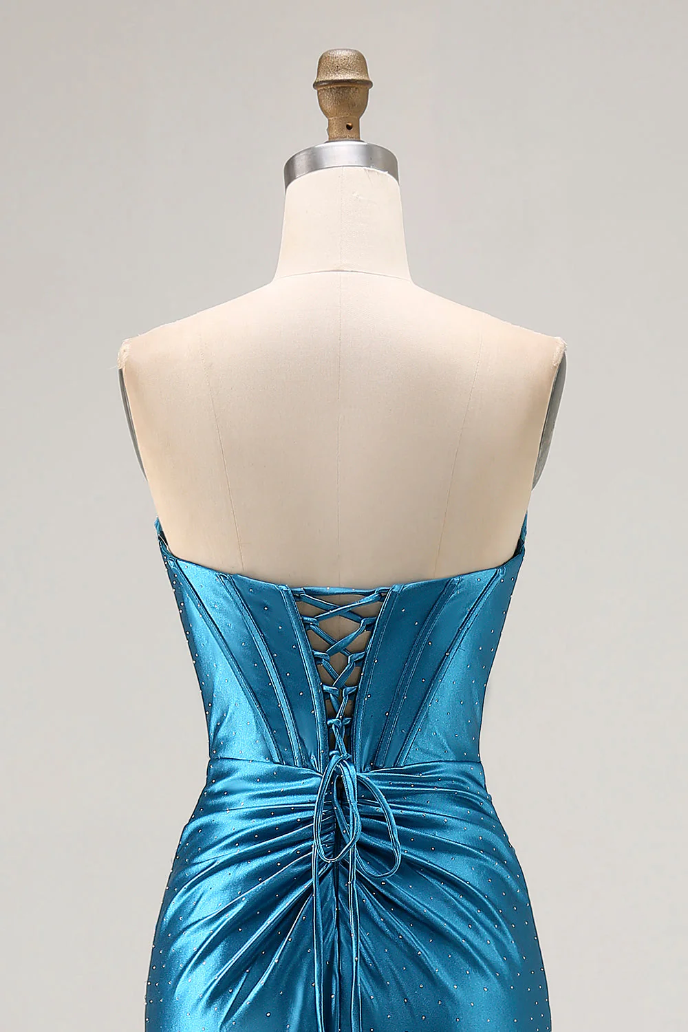 Royal Blue Strapless Ruched Corset Mermaid Beaded Long Prom Dress With Slit - Image 5