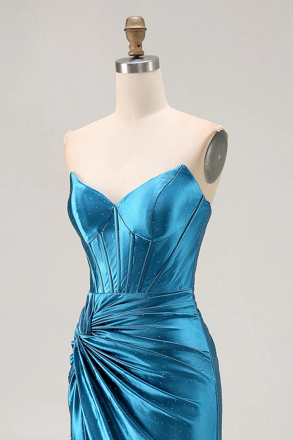 Royal Blue Strapless Ruched Corset Mermaid Beaded Long Prom Dress With Slit - Image 6