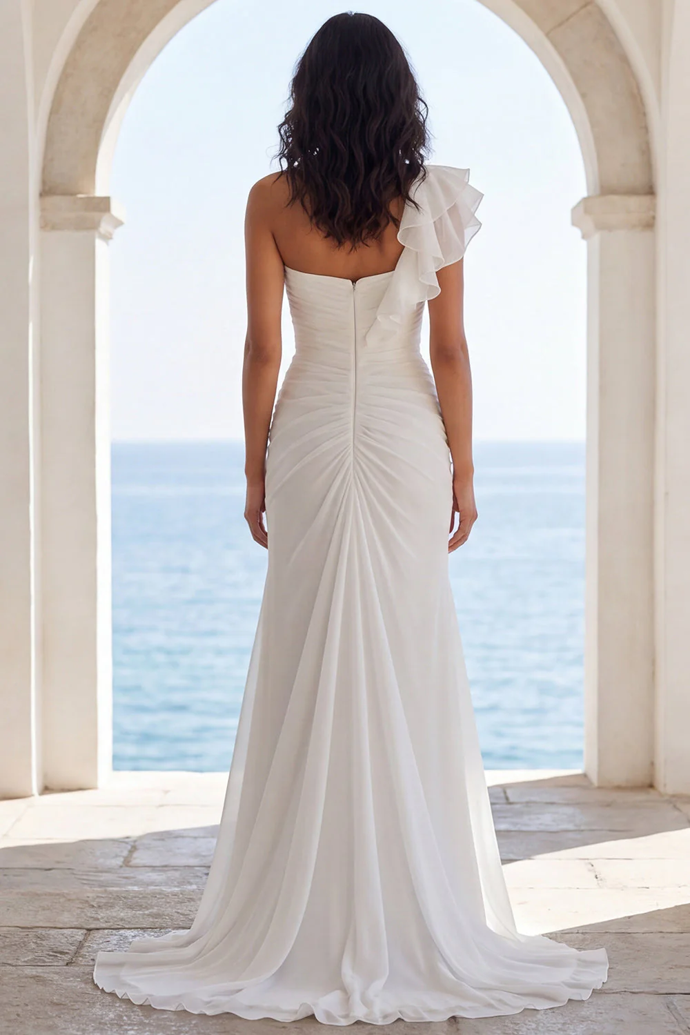One Shoulder Ivory Mermaid Ruffled Beach Wedding Dress with Slit - Image 2