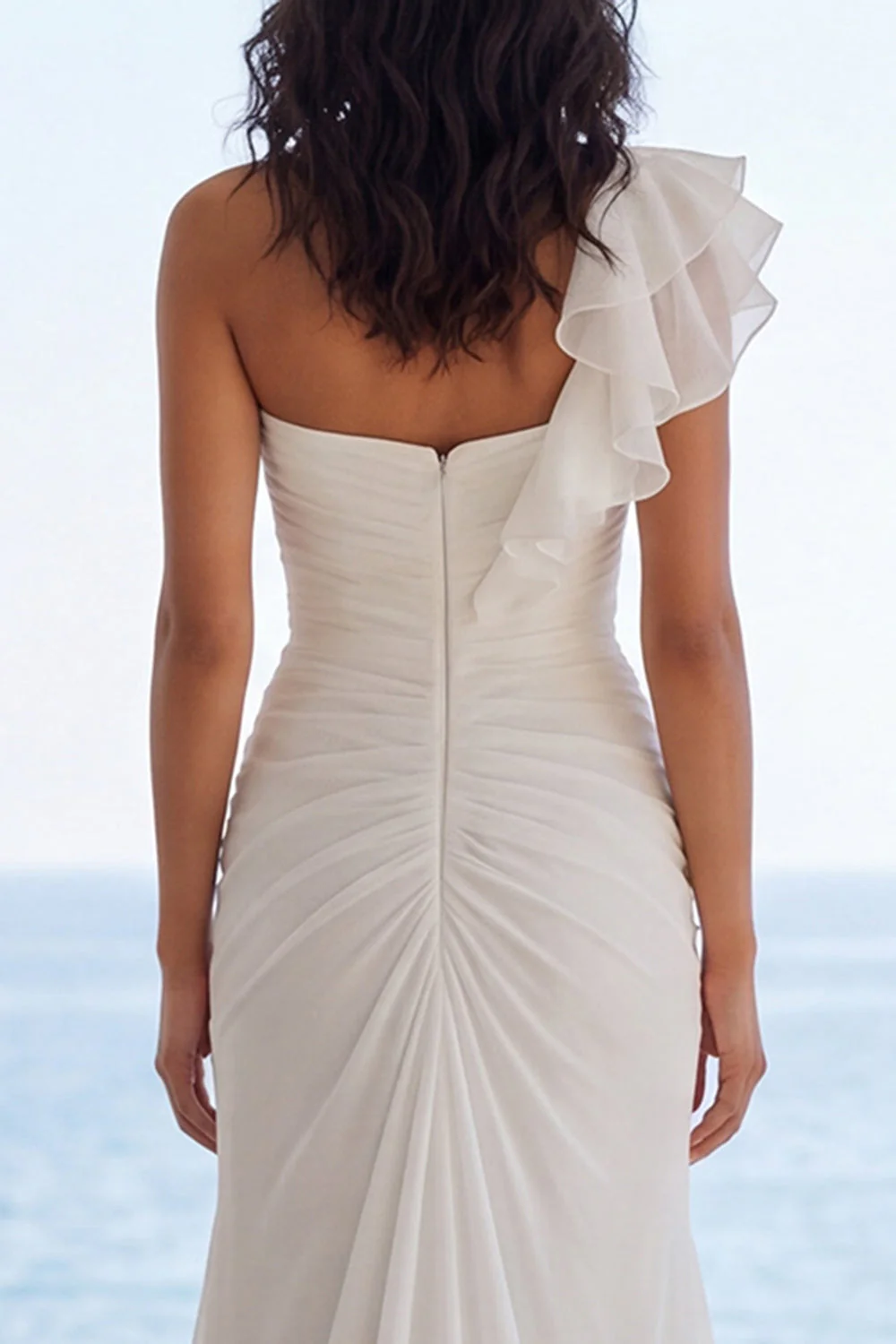One Shoulder Ivory Mermaid Ruffled Beach Wedding Dress with Slit - Image 4