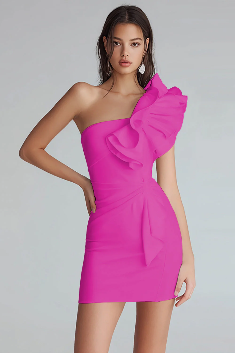 Ruched One Shoulder Bodycon Satin Little White Dress - Image 11